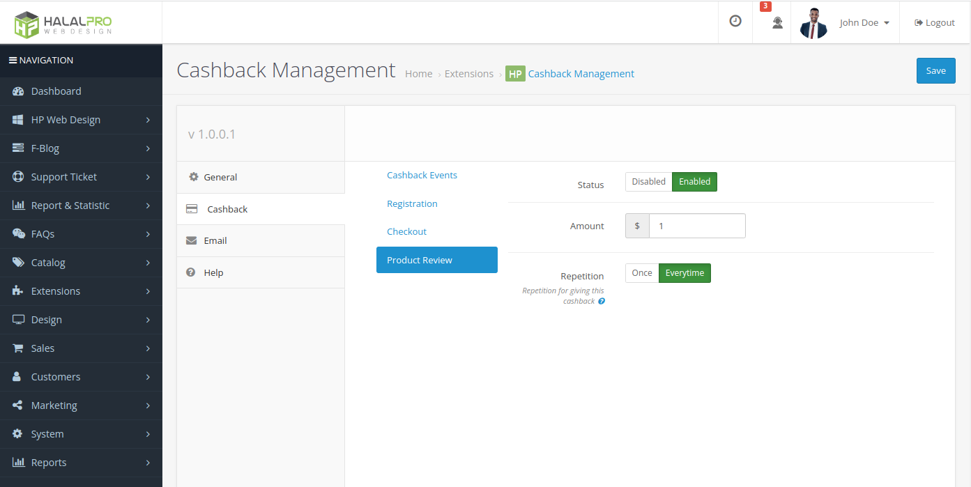 cashback setting after customer product review opencart
